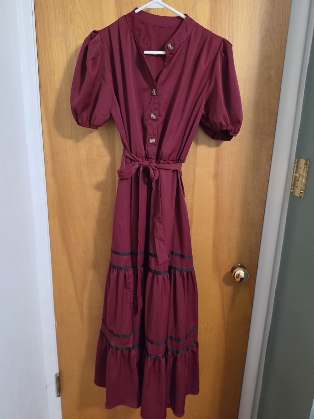 SHEIN Burgundy Puff-Sleeve Button-Front Tie-Waist Maxi Dress Shein Small